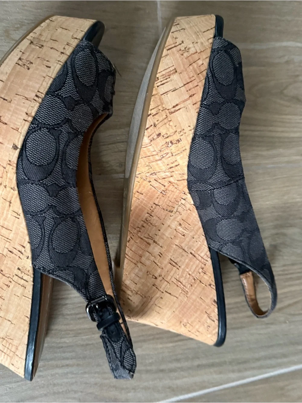 Coach Gray Signature Slingback Peep-Toe Wedges